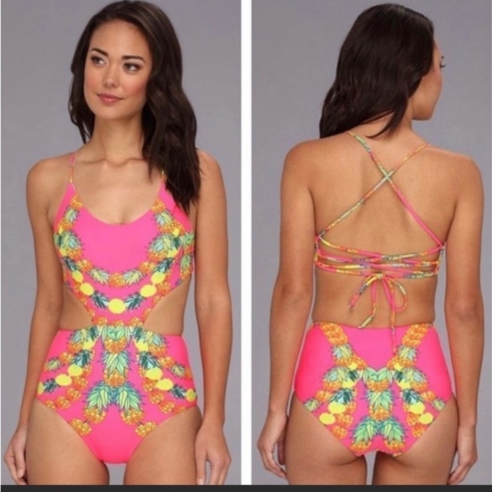 Mara Hoffman XS one piece split bathing suit, high waisted with strappy back